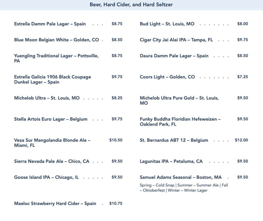 beer, cider and hard seltzer menu.