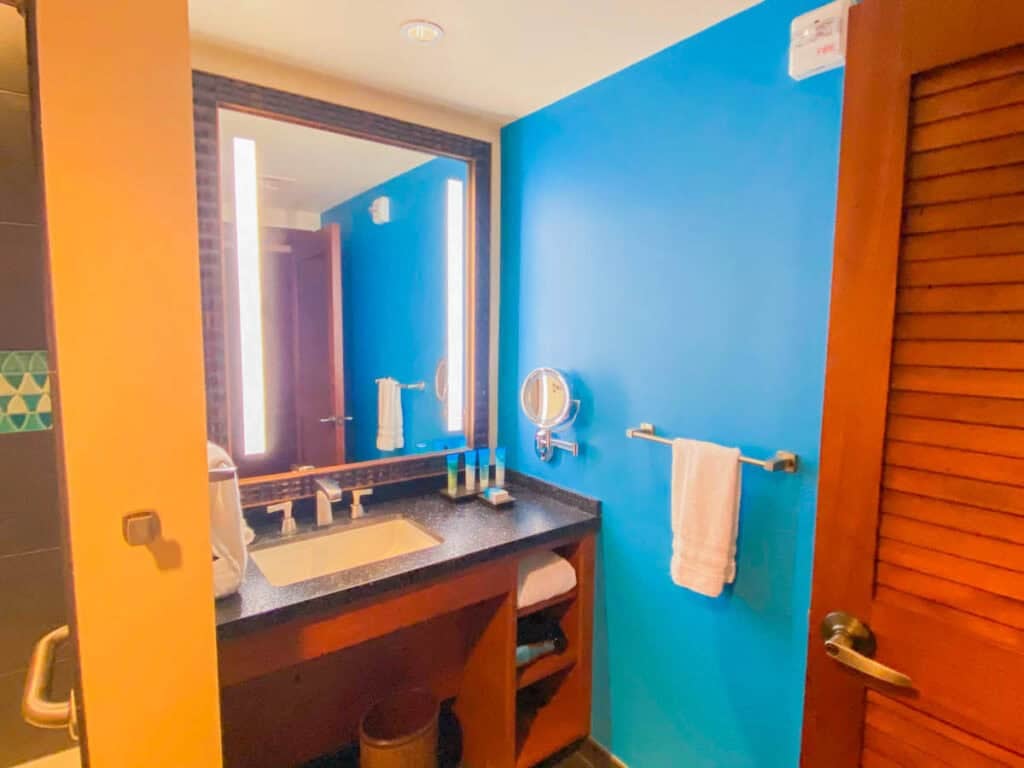 vanity area in the bathroom of the deluxe studio.