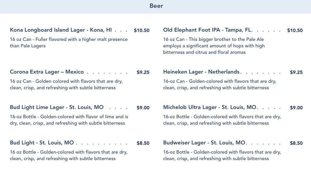 beer menu from Capt Cook.