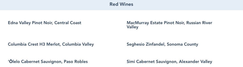 red wine menu from Tambu Lounge.
