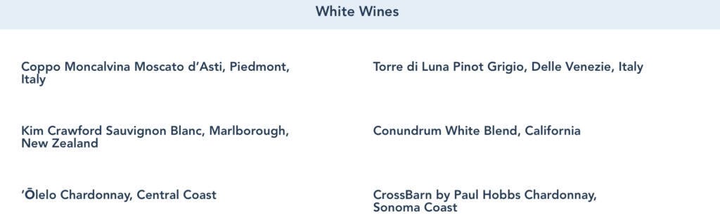 white wine options from Tambu Lounge.