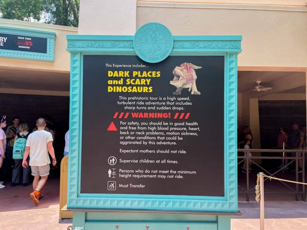 warning sign for Dinosaur ride.