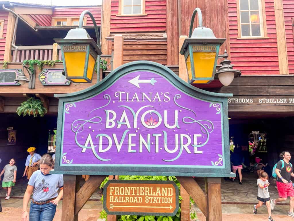 Entrance sign for Tiana's Bayou Adventure.