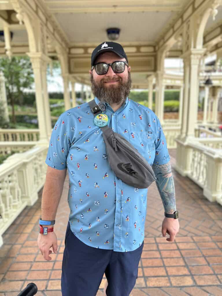 Chad with a birthday button on his shirt at Magic Kingdom.