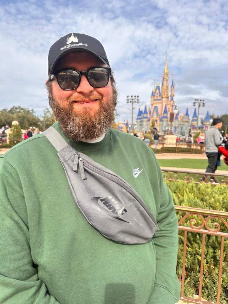 Chad in front of Cinderella's Castle at Magic Kingdom.