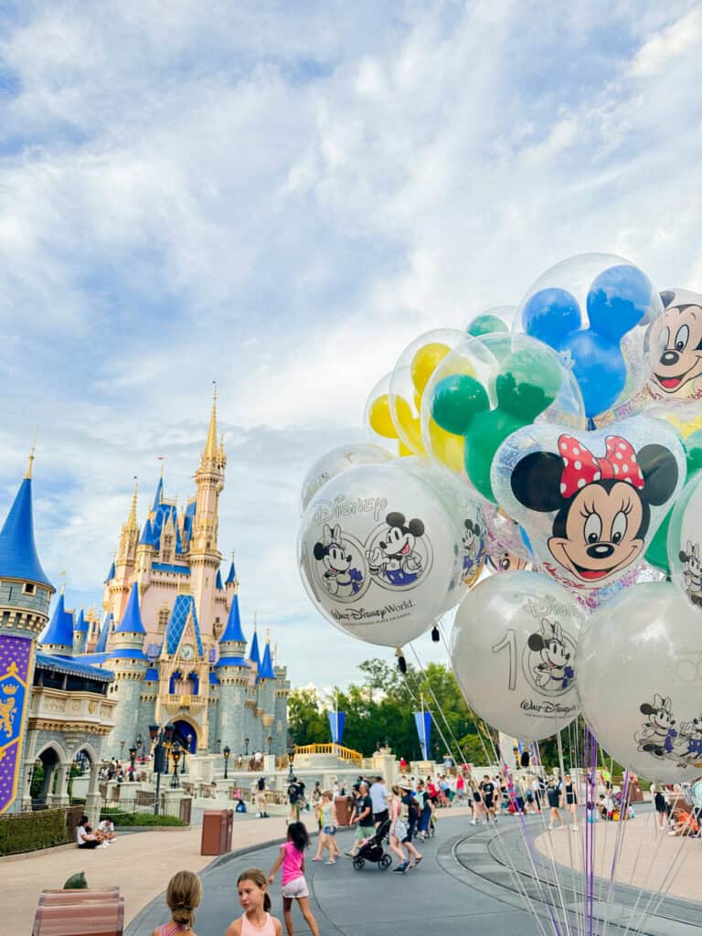 balloons in front of Cinderella's Castle at Magic Kingdom.